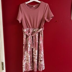 SHEIN Dusty Rose Ribbed Top Floral Midi Dress with Tie size 8y